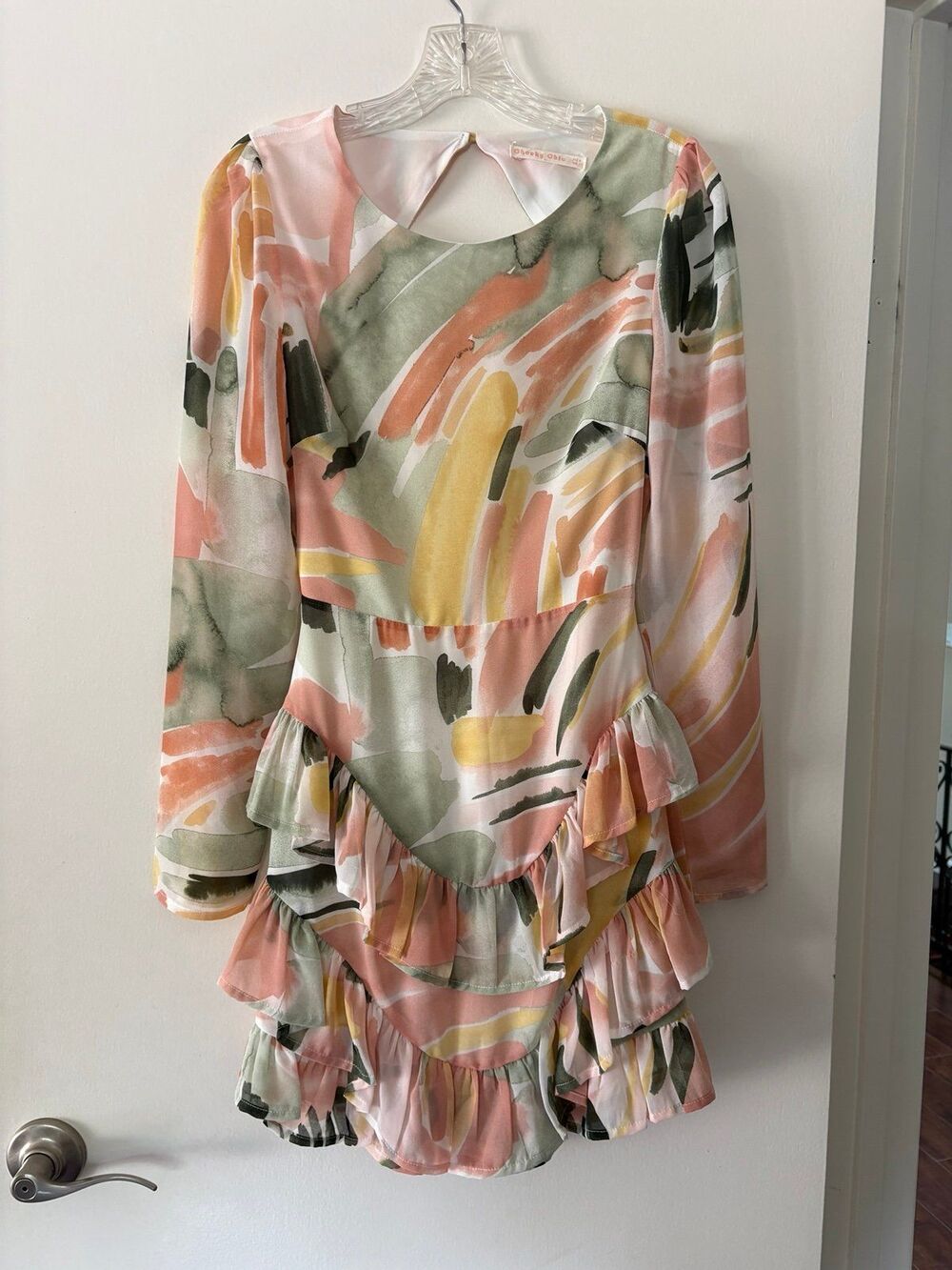 Abstract Pastel Chiffon Mini Dress XS Open Back Ruffle Tier Picasso Art Cocktail - Picture 2 of 10
